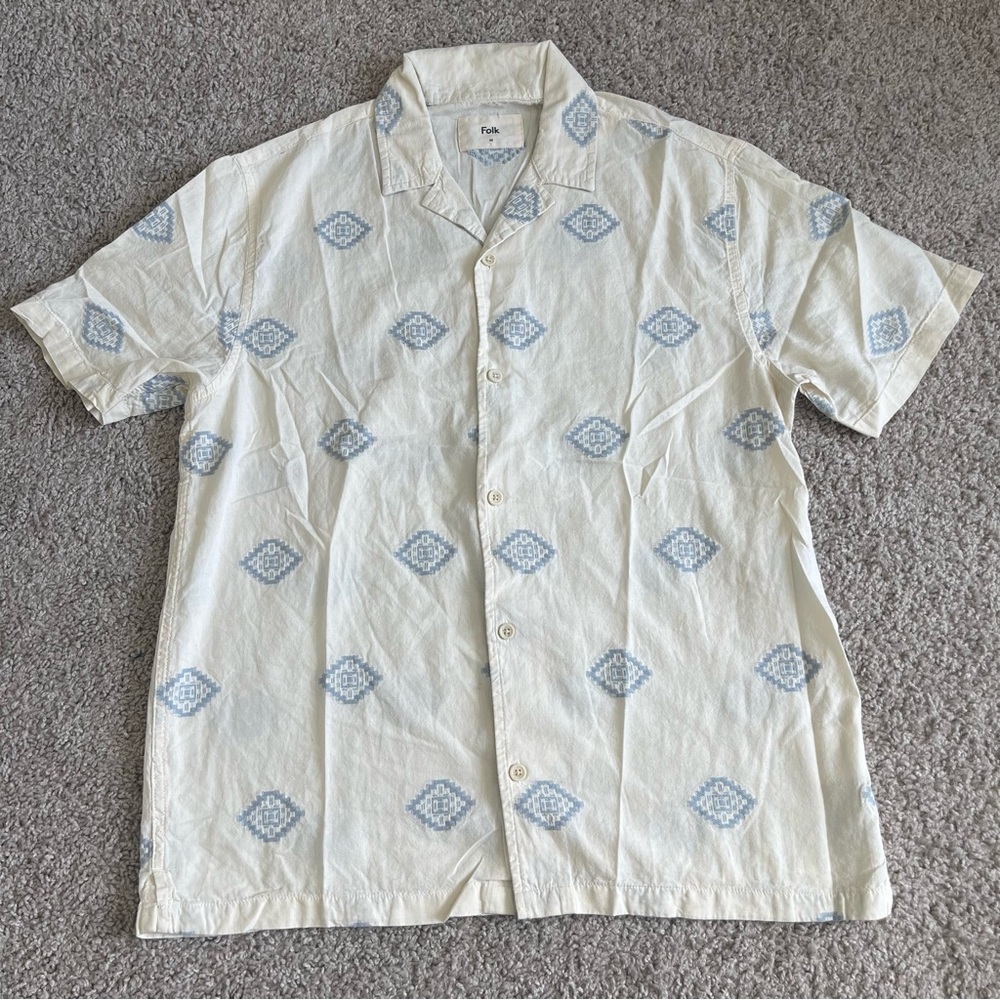 Folk Short Sleeve Button Down Ecru & Indigo Ryder Shirt